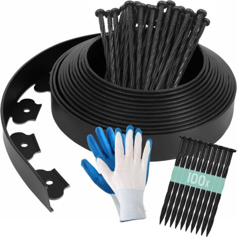 LIFERUN 20M Rasenkante Kunststoff, Flexible Beeteinfassung, Lawn Edging, mit 100 Erdanker + 1 Paar Handschuhe, Höhe 5cm Beetbegrenzung Kunststoff, Gartenzaun, Rasenkanten, Schwarz Mähkante, Rasenkante