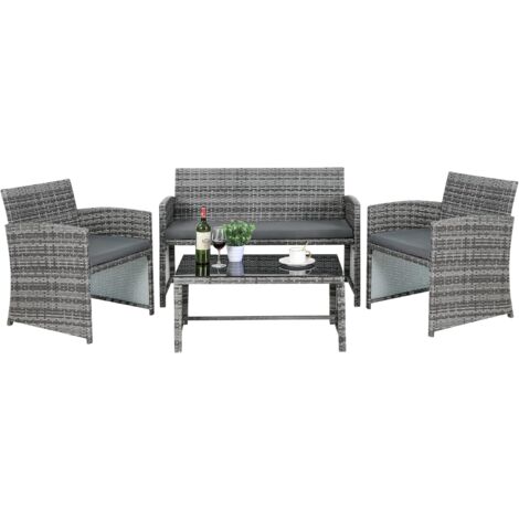LIFERUN Polyrattan Gartenmöbel-Set, mit bequemen Sitzkissen, Doppelsofa, 2 x Sessel und Tisch aus gehärtetem Glas, Garten Rattan Tisch Set mit Auflagen (1/5)
