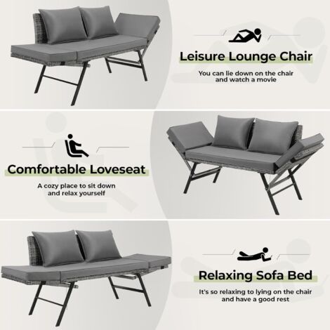 2-Sitzer-Gartensofa Ausziehbar,Gartenbank Sitzbank Sonnenliege Balkon-Lounge-Set,Abnehmbare Kissen,Rattan(Grau)