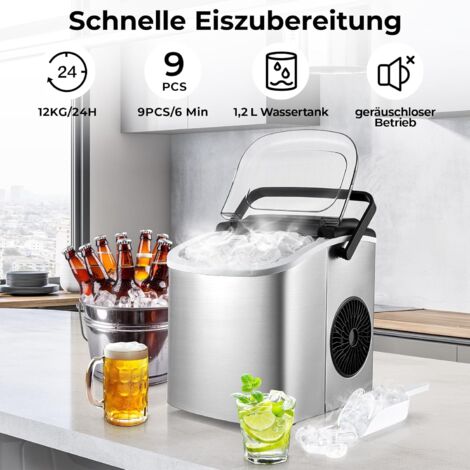 Eiswürfelmaschine aus Edelstahl Eiswürfelbereiter Icemaker 12 kg in 24 h,2 Eiswürfelgrößen,leise, selbstreinigend für Camping,Zuhause (1/5)