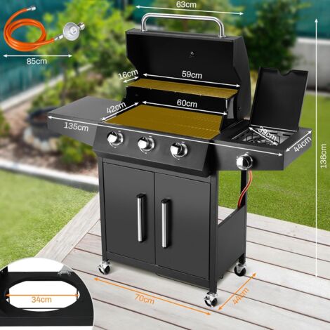 Gasgrill 3+1 Edelstahl Brenner,13,5 kw Gas Grillwagen BBQ mit Seitenkochfeld,Gasgriller,Standgrill,Grillküche Camping Garten (Schwarz)
