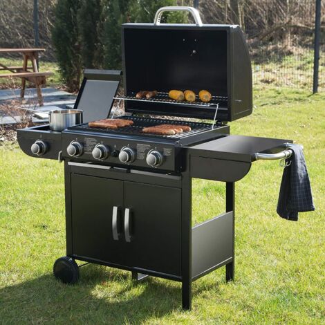 4+1 Brenner Gasgrill,14.05KW Gasgriller mit Seitenkochfeld, BBQ Gas Grillwagen Standgrill Camping Grillküche für Gärten Terrasse (Schwarz)