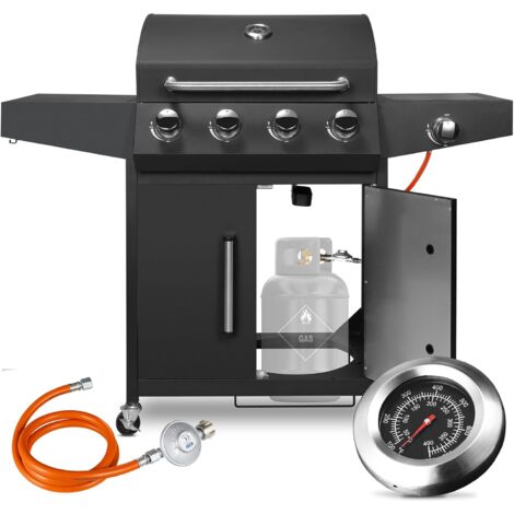 Gasgrill 4+1 Edelstahl Brenner,15 kw Gas Grillwagen BBQ mit Seitenkochfeld,Gasgriller,Standgrill,Camping Gaskocher,Grillküche (Schwarz) (1/5)