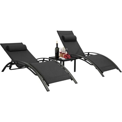 2er Set Sonnenliegen mit Aluminiumtisch, Gartenliegestühle, Rückenlehne 5-fach verstellbar