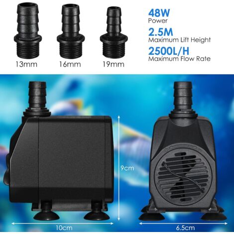 48 W Tauchwasserpumpe, 2500 l/h Aquariumpumpe, Springbrunnenpumpe mit Filter und 3 Düsen 13 mm/16 mm/19 mm (1/5)