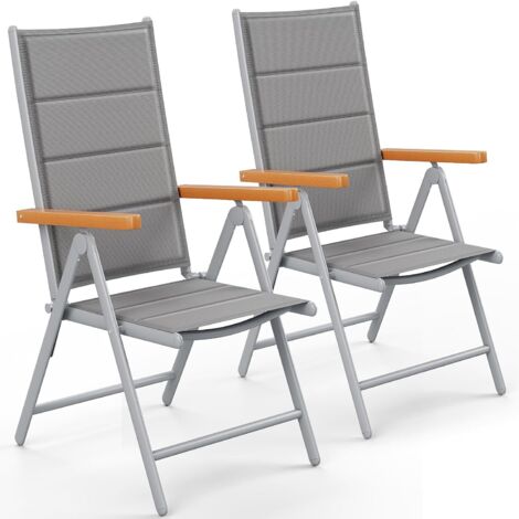 2er Set Klappbarer Gartenstuhl, Aluminium Balkonstuhl, mit gepolsterter Rückenlehne und Sitzfläche, WPC Armlehnen, 7-fach verstellbar, Campingstuhl, Hellgrau