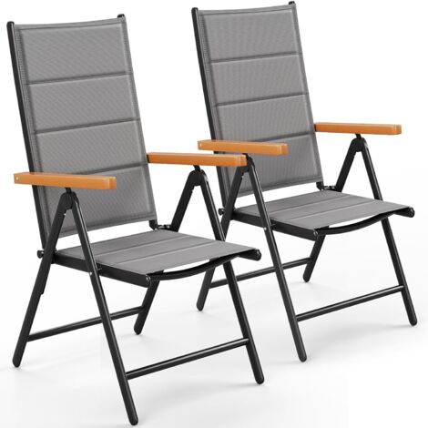2er Set Klappbarer Gartenstuhl, Aluminium Balkonstuhl, mit gepolsterter Rückenlehne und Sitzfläche, WPC Armlehnen, 7 verstellbare Positionen, Campingstuhl, Grau