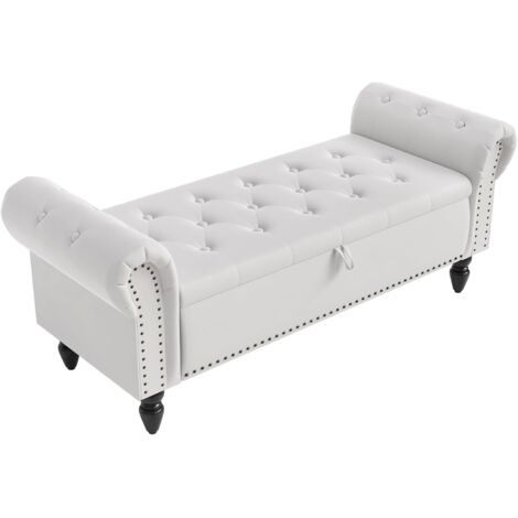 Sitzbank mit Stauraum 133cm, Samtmaterial, Umdrehen Mit Booster-Gasstange, Fußstütze mit stabilen Holzbeinen, Sofabank fur Flur, Schlafzimmer, Wohnzimmer, 133x53x46 cm, Weiß