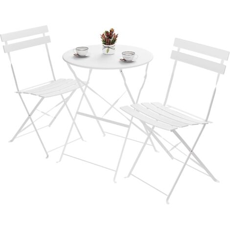 3-teiliges Klapp-Bistro-Set, Gartentisch mit 2 Stühlen, wasserfest, faltbar, Balkonmöbel – Weiß
