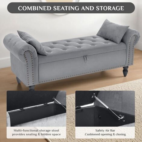 Sitzbank mit Stauraum 133cm, Samtmaterial, Umdrehen Mit Booster-Gasstange, Fußstütze mit stabilen Holzbeinen, Sofabank fur Flur, Schlafzimmer, Wohnzimmer, 133x53x46 cm, Weiß  - (Grau)