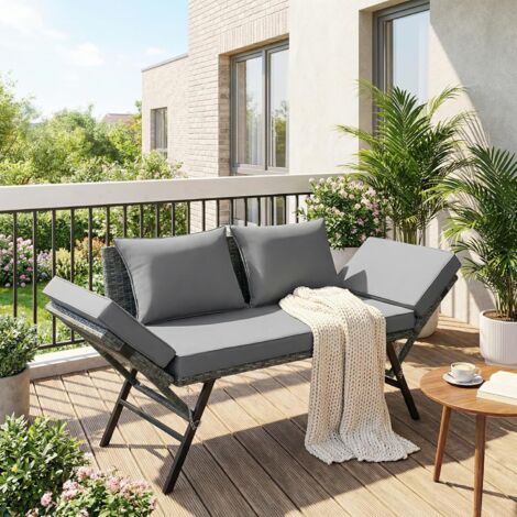 Ausziehbares 2-Sitzer-Gartensofa aus Rattan, Lounge-Set für Balkon und Terrasse mit verstellbaren Armlehnen, 110–176 x 55 x 80 cm, abnehmbare Kissen, wasser- und UV-beständig, für Garten, Terrasse, Ba