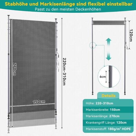 Vertikales Außenrollo, Sichtschutz, Sonnenschutz, für Balkon, Terrasse, Garten - (Grau, 150×310cm)