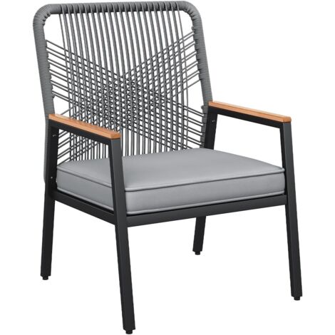 Gartenstuhl Rattan 1er Set, Terrassenstühle, witterungsbeständig, Balkonstühle Metall und PE Rattan, mit 8 cm Sitzkissen, Max Tragfähigkeit 160 kg, WPC Armrest,Grau)