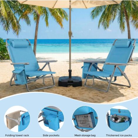 Strandstuhl Klappbar Leicht 2er Set, Rucksack Klappstuhl Strand, Campingstuhl Kann Flach Liegen,bis 150 kg belastbar, Outdoor Faltstuhl mit Verstellbarer Hohe Rückenlehne, Eisbeutel,Blau