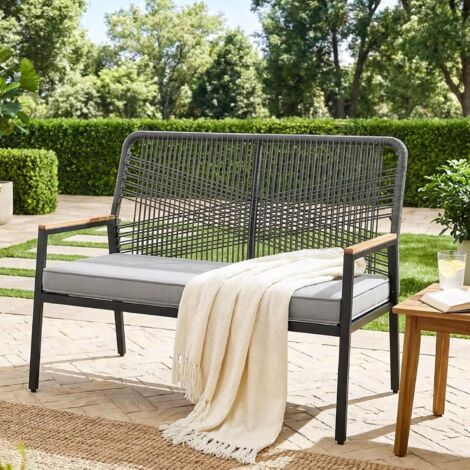 Gartenbank Rattan, 2-Sitzer Gartenstuhl Polyrattan, Sitzbank Outdoor, Gartenmöbel Metall und Rattan, mit 8 cm dicken Sitzkissen, WPC Armrest, Balkon Bank für Terrasse,Garten und Veranda,Grau