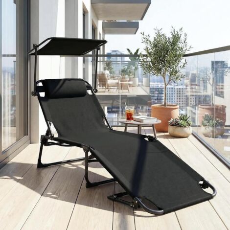 Sonnenliege mit Sonnendach,Klappbare Strandliege,190 × 59 × 32cm,bis 150kg belastbar,mit Seitentasche,Kissen und Verstellbarer Rückenlehne,für Garten,Balkon & Pool,Schwarz