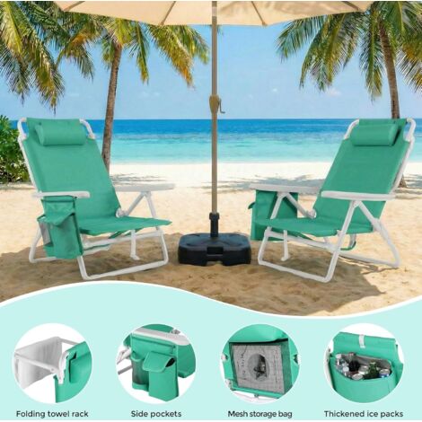 Strandstuhl Klappbar Leicht 2er Set, Rucksack Klappstuhl Strand, Campingstuhl Kann Flach Liegen,bis 150 kg belastbar, Outdoor Faltstuhl mit Verstellbarer Hohe Rückenlehne, Eisbeutel,Grün