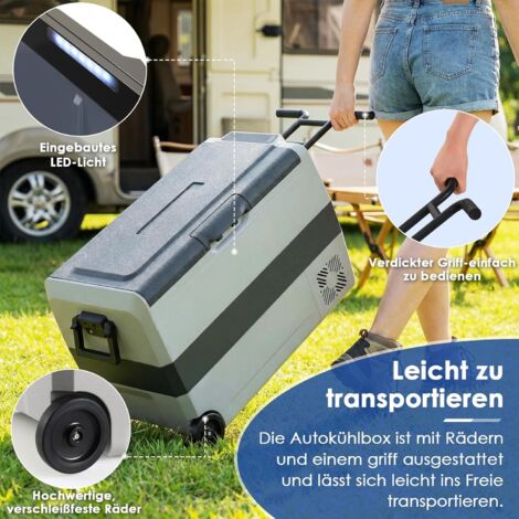 Kompressor Kühlbox, 44,4 Liter Kompressor Gefrierbox mit LED-Licht & Rollen, MAX/ECO Modus, bis -20℃, Kühlbox Auto DC 12/24V, Kühltasche Elektrisch AC 100-240V, Mobil Kühlschrank für Camping