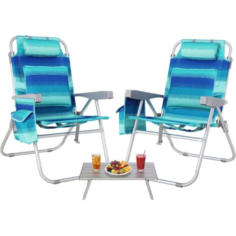 Strandstuhl Klappbar Leicht Aluminium 2er Set & Tisch, Rucksack Klappstuhl Strand, Campingstuhl Kann Flach Liegen,bis 150 kg belastbar,72.563.595.5cm Outdoor Faltstuhl Verstellbarer Hohe Rückenlehne B (1/5)