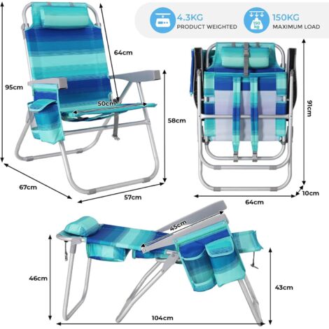 Strandstuhl Klappbar Leicht Aluminium, Rucksack Klappstuhl Strand, Campingstuhl Kann Flach Liegen,bis 150 kg belastbar, 72.563.595.5cm Outdoor Faltstuhl mit Verstellbarer Hohe Rückenlehne Eisbeutel Bl