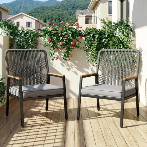 2er Set Gartenstuhl Rattan, Terrassenstühle, witterungsbeständig, Balkonstühle Metall und PE Rattan, mit 8 cm Sitzkissen, Max Tragfähigkeit 160 kg, WPC Armrest, für Terrasse Garten, Grau