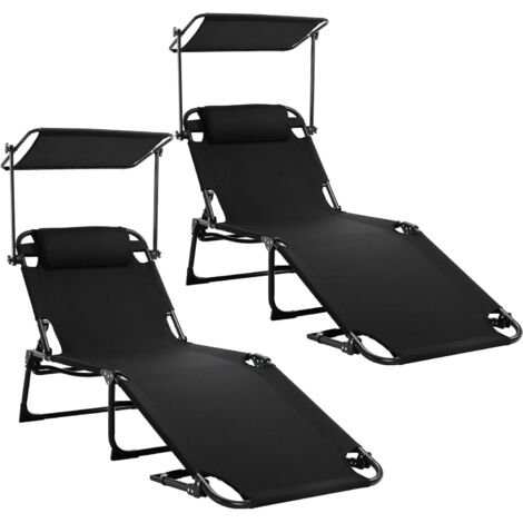 Sonnenliege mit Sonnendach,Klappbare Strandliege,190 × 59 × 32cm,bis 150kg belastbar,mit Seitentasche,Kissen und Verstellbarer Rückenlehne,für Garten,Balkon & Pool (2, Schwarz, 190×59×32cm)