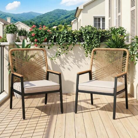 2er Set Gartenstuhl Rattan, Terrassenstühle, witterungsbeständig, Balkonstühle Metall und PE Rattan, mit 8 cm Sitzkissen, Max Tragfähigkeit 160 kg, WPC Armrest, für Terrasse Garten, Beige
