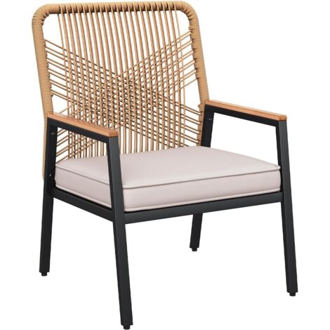 Gartenstuhl Rattan 1er Set, Terrassenstühle, witterungsbeständig, Balkonstühle Metall und PE Rattan, mit 8 cm Sitzkissen, Max Tragfähigkeit 160 kg, WPC Armrest,Beige