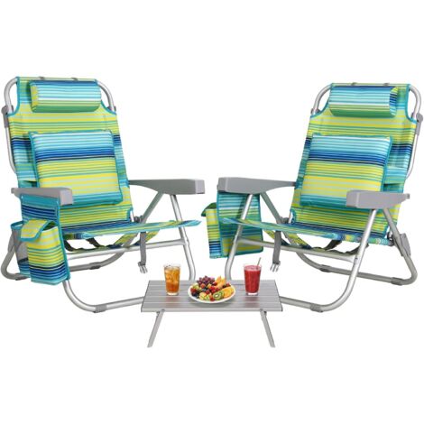 Strandstuhl Klappbar Leicht Aluminium 2er Set & Tisch, Rucksack Klappstuhl Strand, Campingstuhl Kann Flach Liegen,bis 150 kg belastbar,  6363.580.5cm Outdoor Faltstuhl Verstellbarer Hohe Rückenlehne G