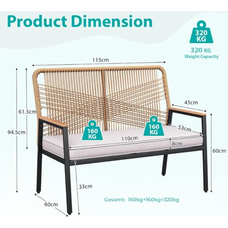 Gartenbank Rattan, 2-Sitzer Gartenstuhl Polyrattan, Sitzbank Outdoor, Gartenmöbel Metall und Rattan, mit 8 cm dicken Sitzkissen, WPC Armrest, Balkon Bank für Terrasse, Garten, Veranda, Beige