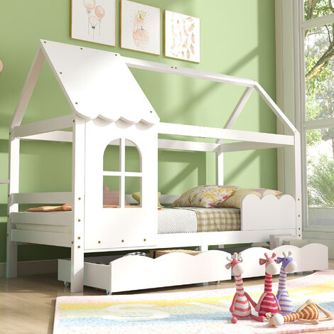 Hausbett Kinderbett Jugendbett 200x90 mit Rausfallschutz£vielseitiges Holz Kinderbett f¨¹r Jungen & Mdchen, Wei Schubladen, Massivholz Kinder Bett mit Rausfallschutz Fenster und Lattenrost, Wei (1/5)