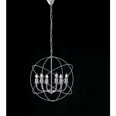 Lampadario a Sospensione 6 Luci Sfera Ferro Bianco e Argento Serie Williams (1/2)