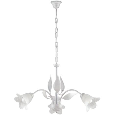 Lampadario in ferro Bianco Argento tre luci vetri Alabastro Bianchi 60x h43 cm