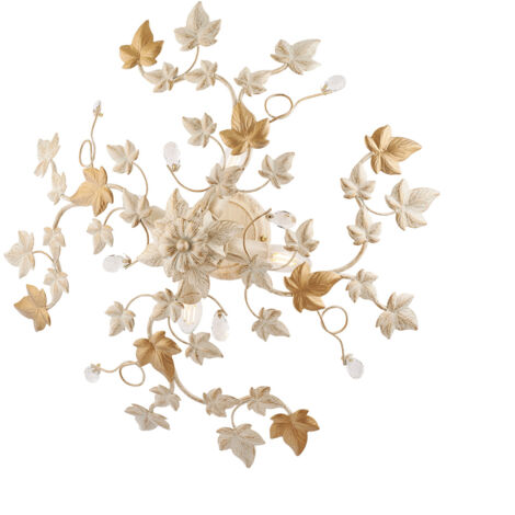 Plafoniera Shabby Edera 4 Luci Ferro Battuto Avorio Oro Con Foglie E Cristalli