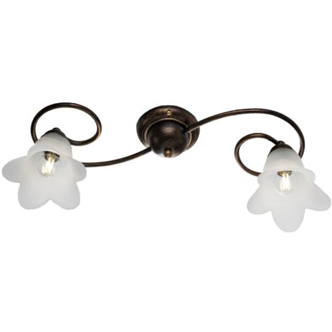 Plafoniera in ferro Marrone Oro due luci paralumi in vetro Bianco 56x26x h17 cm