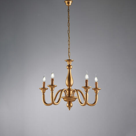 Lampadario Contemporaneo Lucca Legno Oro 5 Luci E14 (1/2)