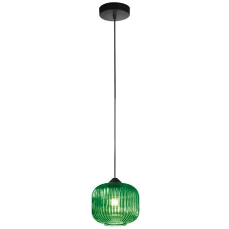 Sospensione Ovale Alta Moderna Plisse Verde 1 Luce E27 In Vetro Rigato