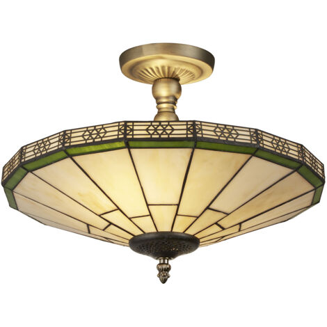 Searchlight New York - Plafoniera semi-filo a 2 luci in ottone antico, vetro Tiffany, E14 (1/5)