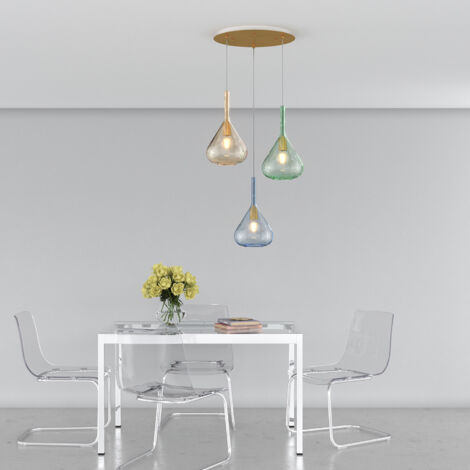 Lustre Suspension 3 Leds En Laiton Et Verre Transparent – Fabriqué En Italie