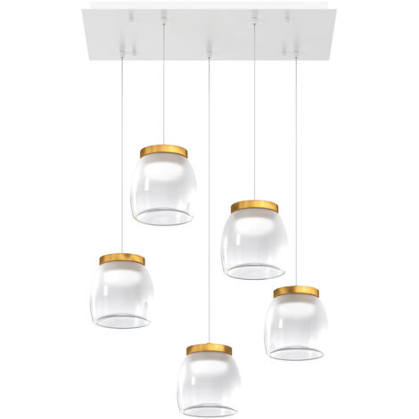 Lampadario Contemporaneo Drum Metallo Bianco Vetro Oro 5 Luci Led 40W Calda