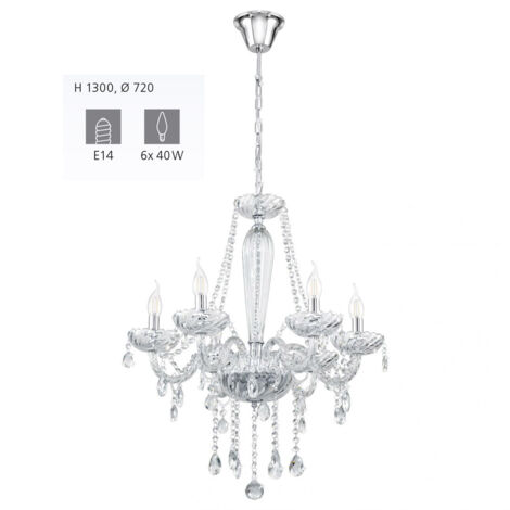 Lampadario A Sospensione Classico Basilano 1 Acciaio Cromo Vetro 6 Luci E14 (1/4)