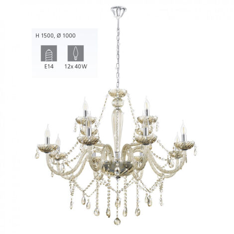 Lampadario A Sospensione Classico Basilano Acciaio Cromo Vetro 12 Luci E14 (1/4)
