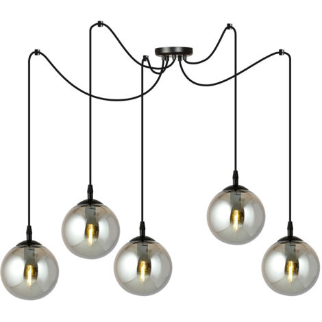 Lampadario 5 Luci Ginevra In Acciaio Nero Con Cavo Lungo E Vetri Fumè