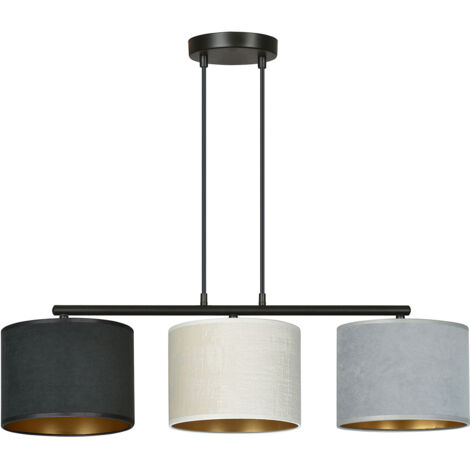 Lampadario 3 Luci Ganesha In Acciaio Nero E Paralumi In Tessuto Multicolore