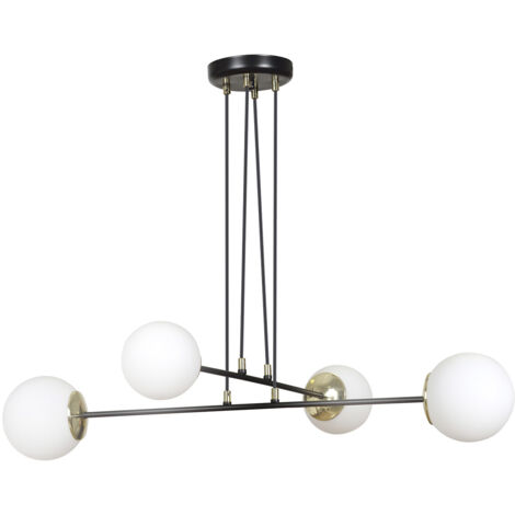 Lampadario Moderno 4 Luci Tsukuyomi In Acciaio Nero E Oro E Vetro A Sfera Opale