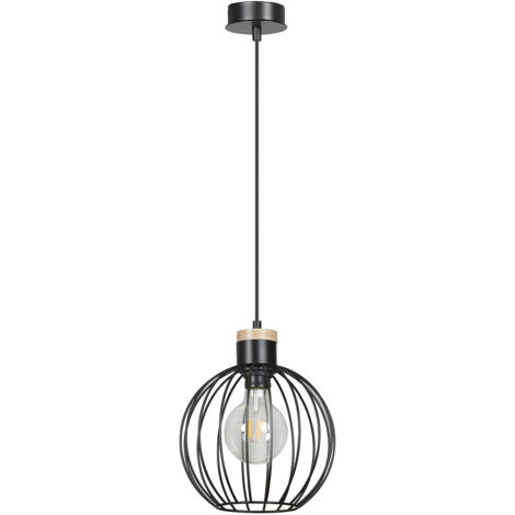 Sospensione 1 Luce Morgana Paralume A Gabbia In Acciaio Nero E Legno Naturale