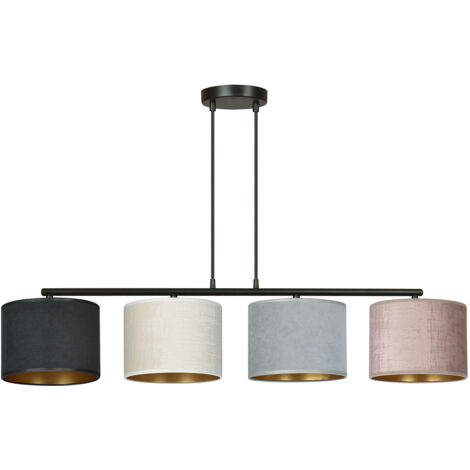 Lampadario 4 Luci Ganesha In Acciaio Nero E Paralumi In Tessuto Multicolore
