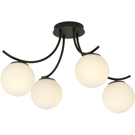 Plafoniera Moderna 4 Luci Coeo In Acciaio Nero E Diffusori In Vetro Opale