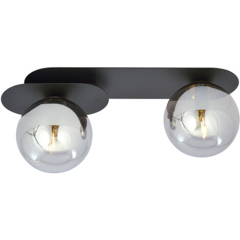 Plafoniera Minimal 2 Luci Teia In Acciaio Nero E Sfere Vetro Fumè