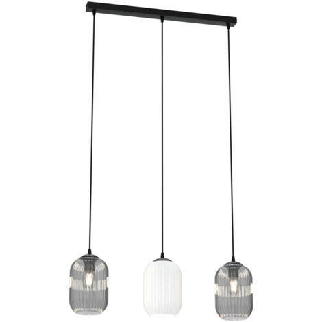 Lampadario 3 Luci Selene In Acciaio Nero E Vetri Plissettati In Bianco E Fumè
